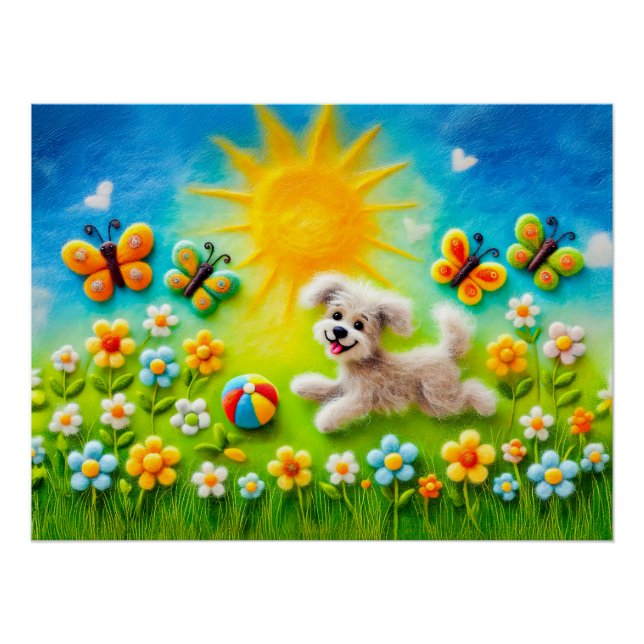 Felt Dog Running after ball in Meadow Poster (Front)