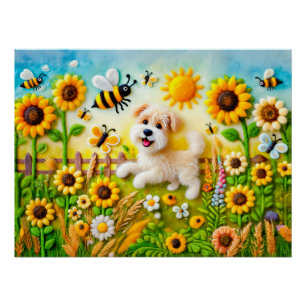 Felt Dog with Bees in a Sunflower Garden Poster