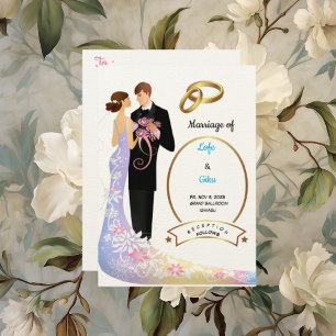 Felt Ecru Paper Couple and Rings Wedding Invitation