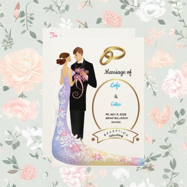 Felt Ecru Paper Couple and Rings Wedding  Invitation (Creator Uploaded)