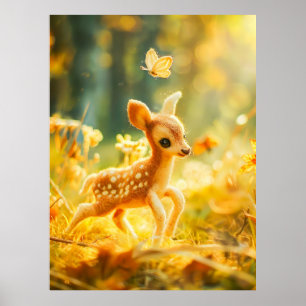 Felt Fawn in Sunny Clearing with Butterfly Poster