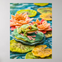 Felt Green Frog on Lily Pads in Pond
