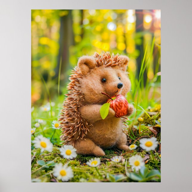 Felt Hedgehog with Apple in Daisy Patch Poster (Front)