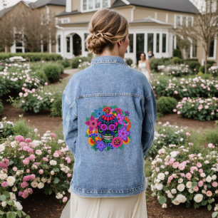 Felt Look Sugar Skull with Flowers Beautiful Denim Jacket