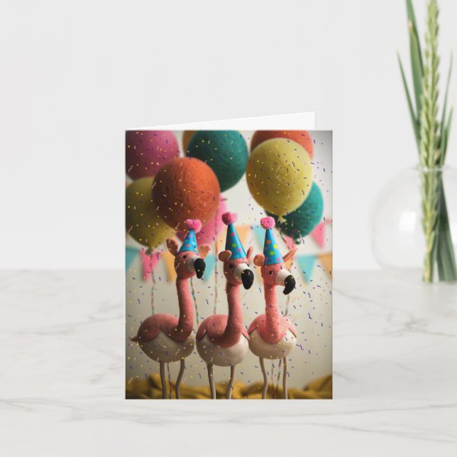 Felted Flamingos Birthday Card with Balloons (Front)