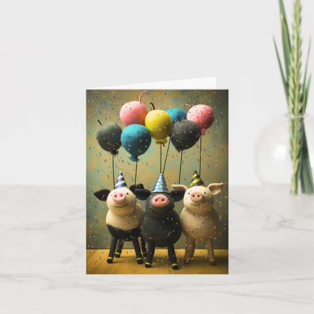 Felted Pigs Birthday Card with Balloons (Front)