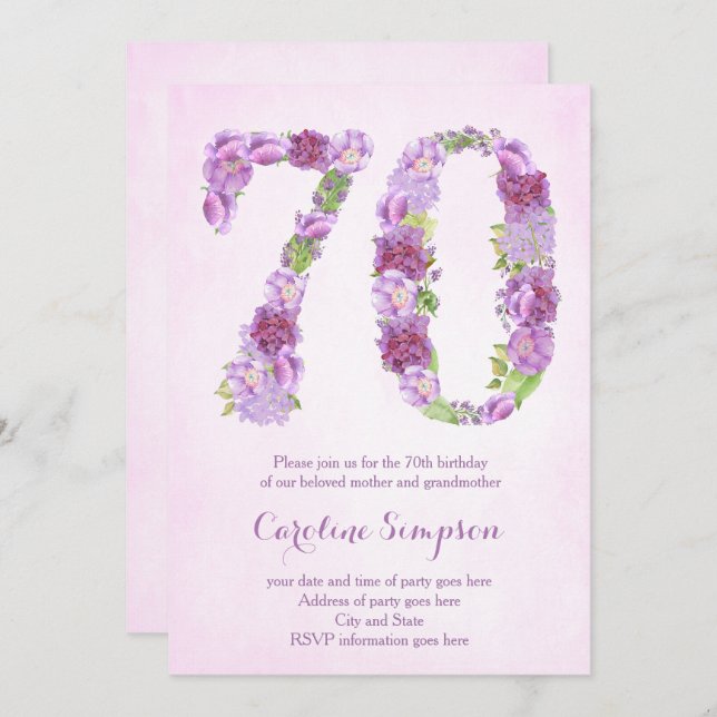 female 70th birthday invitations, lavender invites (Front/Back)
