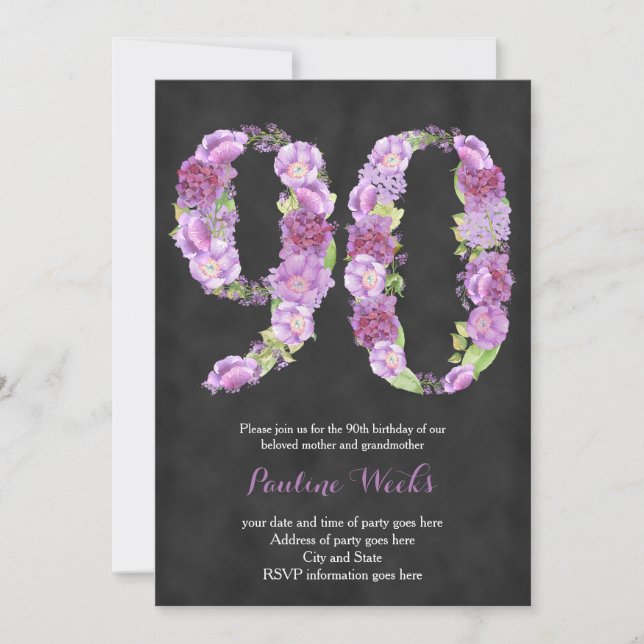 female 90th birthday invites, lilac invitations (Front)