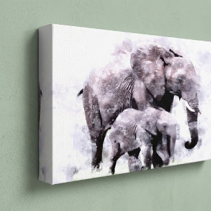 Female African Elephant with Calf Watercolor Canvas Print