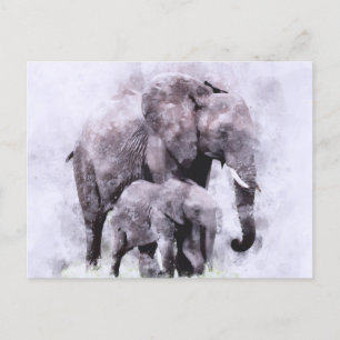 Female African Elephant with Calf Watercolor Postcard