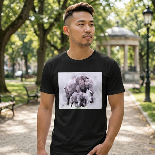 Female African Elephant with Calf Watercolor T-Shirt
