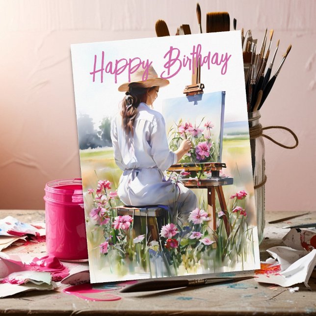Female Artist Painting Flowers in a Field Birthday Card (Creator Uploaded)