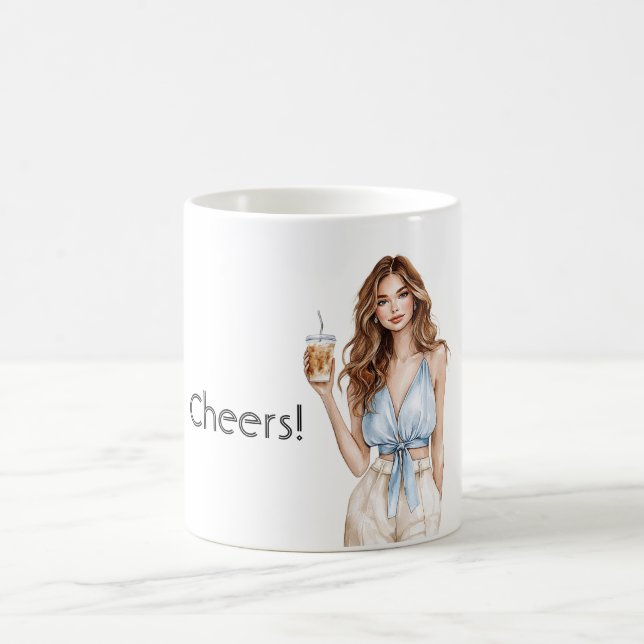 Female Blue Top Cheers Drink Coffee Mug (Center)