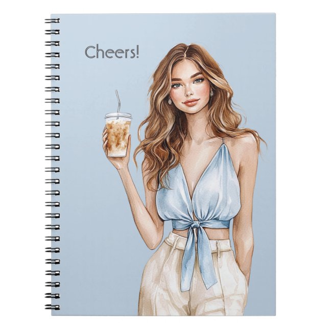 Female Blue Top Cheers Drink Notebook (Front)
