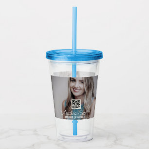 Female business boss add photo name q r code text acrylic tumbler