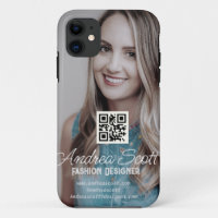 Female business boss add photo name q r code text