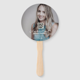 Female business boss add photo name q r code text hand fan