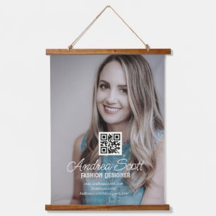 Female business boss add photo name q r code text hanging tapestry