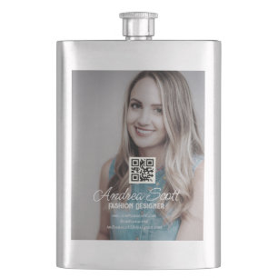 Female business boss add photo name q r code text hip flask