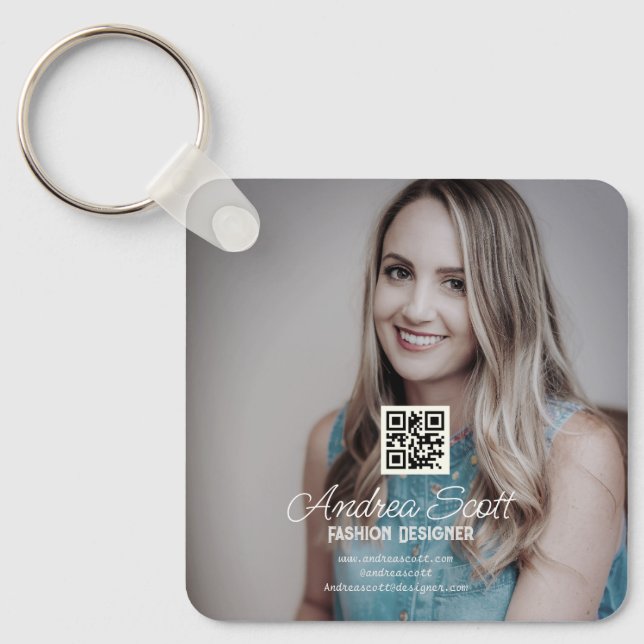 Female business boss add photo name q r code text key ring (Front)