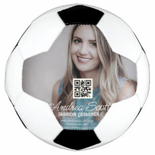 Female business boss add photo name q r code text soccer ball