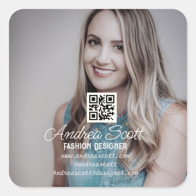 Female business boss add photo name q r code text square sticker (Front)