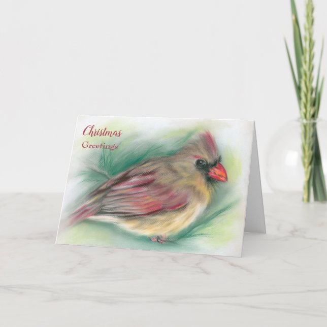 Female Cardinal Bird in Pine Pastel Art Christmas Card (Front)