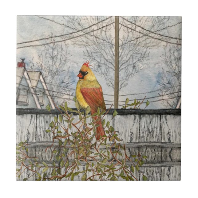 Female Cardinal in the City Ceramic Tile (Front)