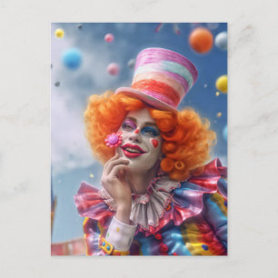 Female clown with flowers. lucrative postcard