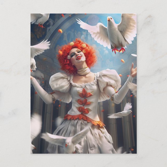 Female Clown with Pigeons. Funny Postcard (Front)