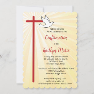 Female Confirmation Cross Dove Gold Rays Scalloped Invitation