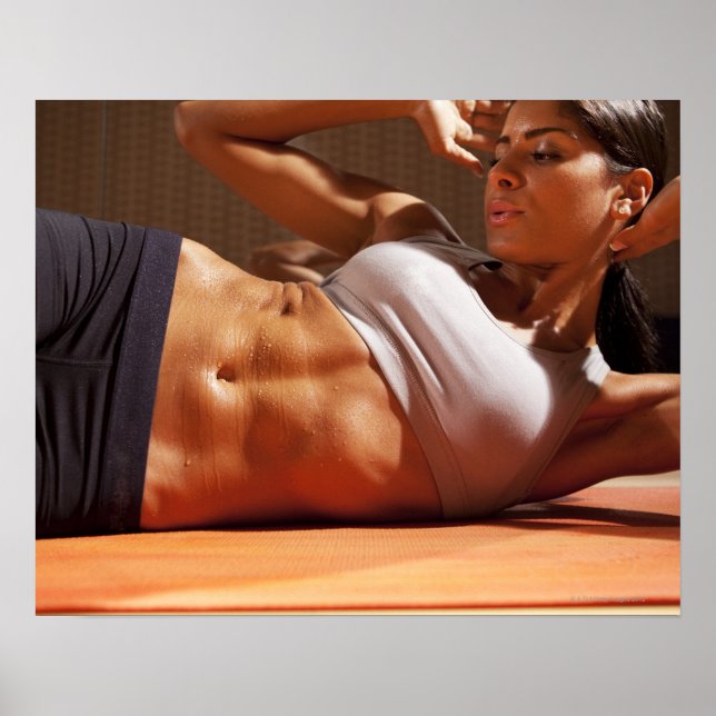 Female doing intense crunches, poster (Front)