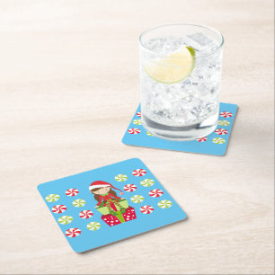 Female Elf atop Gifts Candies Square Paper Coaster
