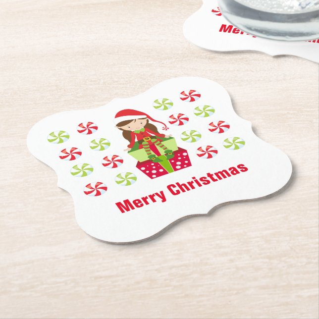 Female Elf w Candies Merry Christmas Custom Text Paper Coaster (Angled)