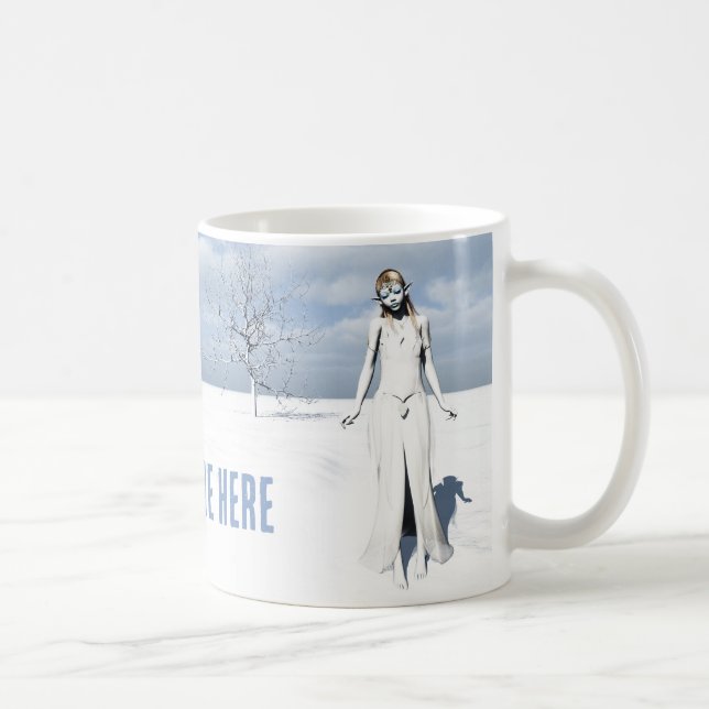 Female elf walking in the snow. Customisable text Coffee Mug (Right)