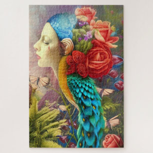 Female face with floral n peacock feathers   jigsaw puzzle