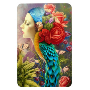 Female face with floral n peacock feathers magnet