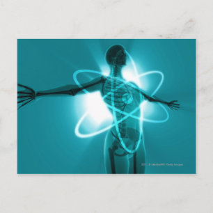 Female figure with an overlay of an atomic symbol postcard