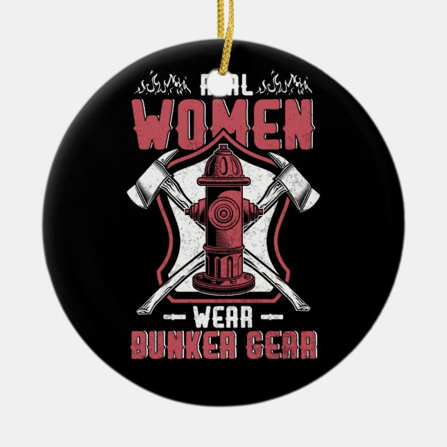 Female Firefighter Real Women Wear Bunker Gear Fir Ceramic Tree Decoration (Front)