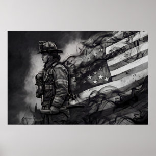 Female Firefighter Smoke American Flag Tribute Poster
