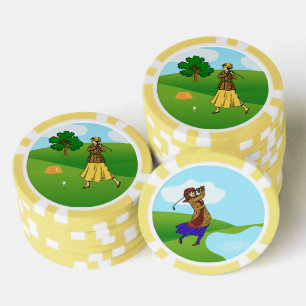 Female Golfers: 1 Preparing to Tee Off & 1 Driving Poker Chips