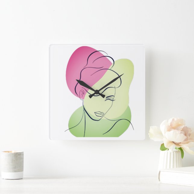 Female Head-Face Portrait Lineart Square Wall Clock (Home)