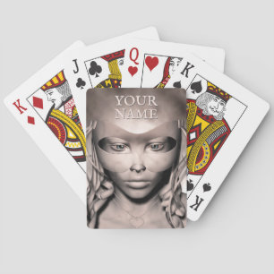 Female in masquerade mask playing cards