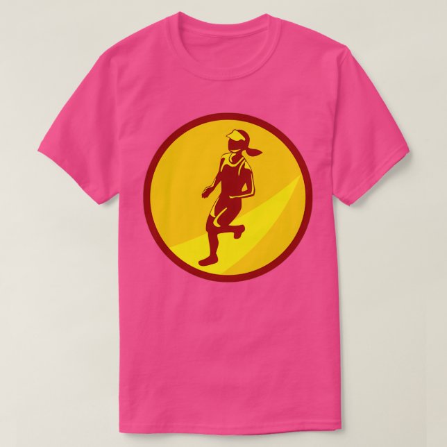 Female Marathon Runner Circle Retro T-Shirt (Design Front)