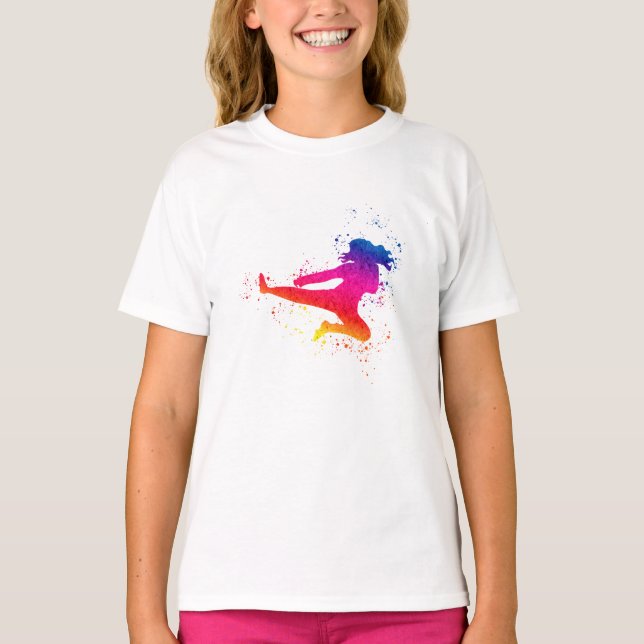 Female Martial Arts, High Kick, Paint Splash T-Shirt (Front)