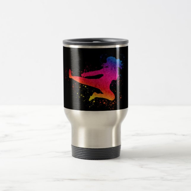 Female Martial Arts, High Kick, Paint Splash Travel Mug (Center)