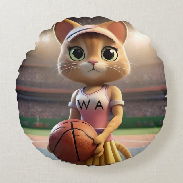 Female Netball Cat,  Round Cushion (Front)