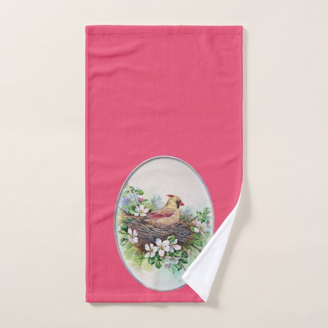 Female Northern Cardinal Bird on Nest Towel (Hand Towel)