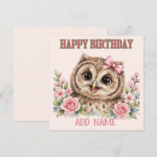 Female Owl: Baby Animal Pastel bow & Flowers Card