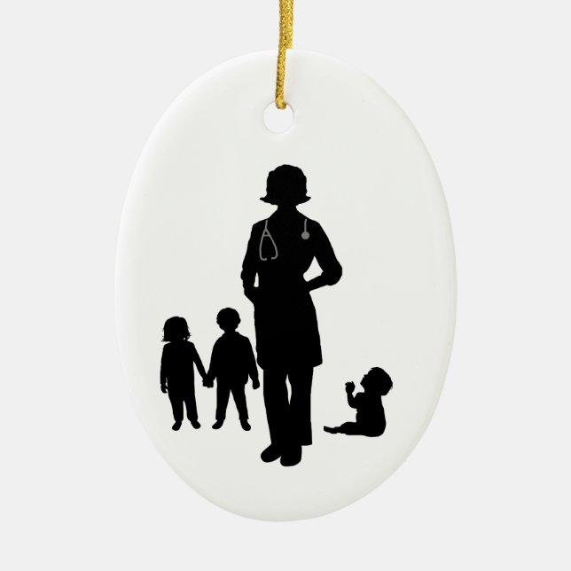 Female Paediatrician Silhouette with Kids Ornament (Front)